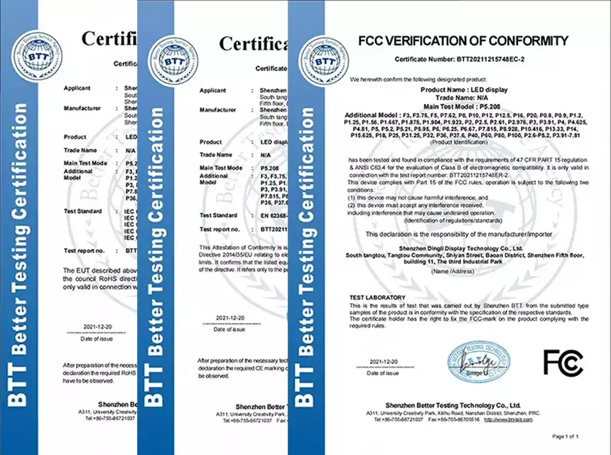 led displays Certificate